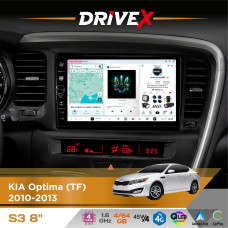 Штатна магнітола для KIA Optima (TF) 2010-2013 DriveX S3 QLED 8" з фізичними кнопками Android 8-ядерний 1.6ГГц 4x64Гб SIM-картка 3G/4G 7388 45W ASP TM2313 бездротовий CarPlay та AndroidAuto