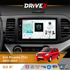 Штатна магнітола для KIA Picanto (TA) 2011-2017 DriveX S3 QLED 8" з фізичними кнопками Android 8-ядерний 1.6ГГц 4x64Гб SIM-картка 3G/4G 7388 45W ASP TM2313 бездротовий CarPlay та AndroidAuto