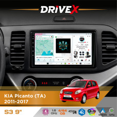 Штатна магнітола для KIA Picanto (TA) 2011-2017 DriveX S3 QLED 9" Android 8-ядерний 1.6ГГц 4x64Гб SIM-картка 3G/4G 7388 4x45W ASP TM2313 бездротовий CarPlay та AndroidAuto
