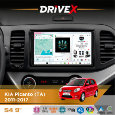 Штатна магнітола для KIA Picanto (TA) 2011-2017 DriveX S4 QLED 9" Android 8-ядерний 1.6ГГц 4x64Гб SIM-картка 3G/4G TDA7851 4x50W DSP AK7604 бездротовий CarPlay та AndroidAuto