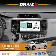 Штатна магнітола для Toyota Sienna 2010-2014 DriveX S3 QLED 8" з фізичними кнопками Android 8-ядерний 1.6ГГц 4x64Гб SIM-картка 3G/4G 7388 45W ASP TM2313 бездротовий CarPlay та AndroidAuto