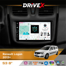 Штатна магнітола для Renault Sandero 2012+ DriveX S3 QLED 8" з фізичними кнопками Android 8-ядерний 1.6ГГц 4x64Гб SIM-картка 3G/4G 7388 45W ASP TM2313 бездротовий CarPlay та AndroidAuto