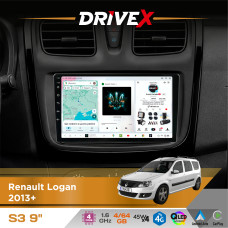 Штатна магнітола для Dacia Logan 2012-2020 DriveX S3 QLED 9" Android 8-ядерний 1.6ГГц 4x64Гб SIM-картка 3G/4G 7388 4x45W ASP TM2313 бездротовий CarPlay та AndroidAuto