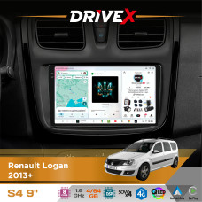 Штатна магнітола для Renault Sandero 2012+ DriveX S4 QLED 9" Android 8-ядерний 1.6ГГц 4x64Гб SIM-картка 3G/4G TDA7851 4x50W DSP AK7604 бездротовий CarPlay та AndroidAuto