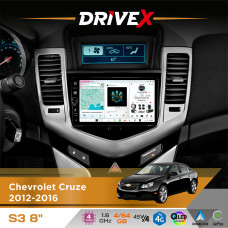 Штатна магнітола для Chevrolet Cruze 2012-2016 DriveX S3 QLED 8" з фізичними кнопками Android 8-ядерний 1.6ГГц 4x64Гб SIM-картка 3G/4G 7388 45W ASP TM2313 бездротовий CarPlay та AndroidAuto