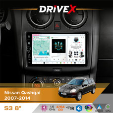 Штатна магнітола для Nissan Qashqai 2007-2014 DriveX S3 QLED 8" з фізичними кнопками Android 8-ядерний 1.6ГГц 4x64Гб SIM-картка 3G/4G 7388 45W ASP TM2313 бездротовий CarPlay та AndroidAuto