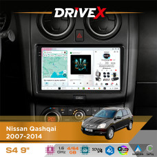 Штатна магнітола для Nissan Qashqai 2007-2014 DriveX S4 QLED 9" Android 8-ядерний 1.6ГГц 4x64Гб SIM-картка 3G/4G TDA7851 4x50W DSP AK7604 бездротовий CarPlay та AndroidAuto