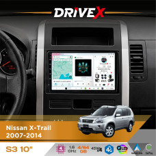 Штатна магнітола для Nissan X-Trail 2007-2014 DriveX S3 QLED 10" Android 8-ядерний 1.6ГГц 4x64Гб SIM-картка 3G/4G 7388 4x45W ASP TM2313 бездротовий CarPlay та AndroidAuto