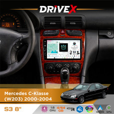 Штатна магнітола для Mercedes C-Klasse (W203) 2000-2004 DriveX S3 QLED 8" з фізичними кнопками Android 8-ядерний 1.6ГГц 4x64Гб SIM-картка 3G/4G 7388 45W ASP TM2313 бездротовий CarPlay та AndroidAuto