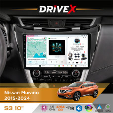Штатна магнітола для Nissan Murano 2015-2024 DriveX S3 QLED 10" Android 8-ядерний 1.6ГГц 4x64Гб SIM-картка 3G/4G 7388 4x45W ASP TM2313 бездротовий CarPlay та AndroidAuto