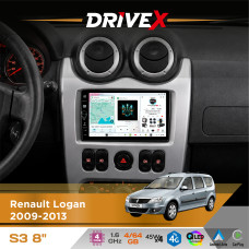 Штатна магнітола для Dacia Sandero 2008-2012 DriveX S3 QLED 8" з фізичними кнопками Android 8-ядерний 1.6ГГц 4x64Гб SIM-картка 3G/4G 7388 45W ASP TM2313 бездротовий CarPlay та AndroidAuto
