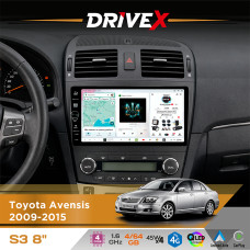 Штатна магнітола для Toyota Avensis 2009-2015 DriveX S3 QLED 8" з фізичними кнопками Android 8-ядерний 1.6ГГц 4x64Гб SIM-картка 3G/4G 7388 45W ASP TM2313 бездротовий CarPlay та AndroidAuto