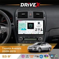 Штатна магнітола для Toyota Avensis 2009-2015 DriveX S3 QLED 9" Android 8-ядерний 1.6ГГц 4x64Гб SIM-картка 3G/4G 7388 4x45W ASP TM2313 бездротовий CarPlay та AndroidAuto