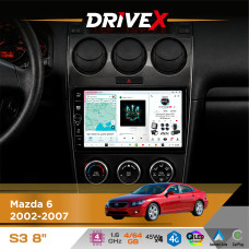 Штатна магнітола для Mazda 6 2002-2007 DriveX S3 QLED 8" з фізичними кнопками Android 8-ядерний 1.6ГГц 4x64Гб SIM-картка 3G/4G 7388 45W ASP TM2313 бездротовий CarPlay та AndroidAuto