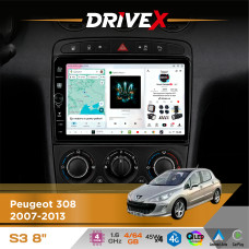 Штатна магнітола для Peugeot 408 2011-2021 DriveX S3 QLED 8" з фізичними кнопками Android 8-ядерний 1.6ГГц 4x64Гб SIM-картка 3G/4G 7388 45W ASP TM2313 бездротовий CarPlay та AndroidAuto