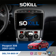 Штатна магнітола для Peugeot 308 2007-2013 SoKill DELTA-900 9" Android 4-ядерний 2+64Гб 4x45W бездротовий CarPlay та AndroidAuto
