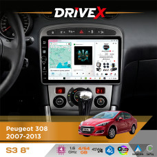 Штатна магнітола для Peugeot 408 2011-2021 DriveX S3 QLED 8" з фізичними кнопками Android 8-ядерний 1.6ГГц 4x64Гб SIM-картка 3G/4G 7388 45W ASP TM2313 бездротовий CarPlay та AndroidAuto