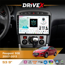 Штатна магнітола для Peugeot 308 2007-2013 DriveX S3 QLED 9" Android 8-ядерний 1.6ГГц 4x64Гб SIM-картка 3G/4G 7388 4x45W ASP TM2313 бездротовий CarPlay та AndroidAuto