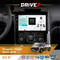 Штатна магнітола для Peugeot 3008 2009-2016 DriveX S3 QLED 8" з фізичними кнопками Android 8-ядерний 1.6ГГц 4x64Гб SIM-картка 3G/4G 7388 45W ASP TM2313 бездротовий CarPlay та AndroidAuto
