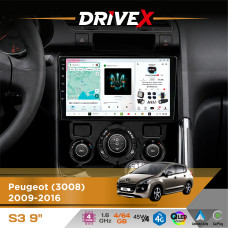 Штатна магнітола для Peugeot 3008 2009-2016 DriveX S3 QLED 9" Android 8-ядерний 1.6ГГц 4x64Гб SIM-картка 3G/4G 7388 4x45W ASP TM2313 бездротовий CarPlay та AndroidAuto