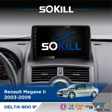 Штатна магнітола для Renault Megane II 2003-2009 SoKill DELTA-900 9" Android 4-ядерний 2+64Гб 4x45W бездротовий CarPlay та AndroidAuto