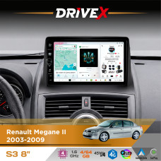 Штатна магнітола для Renault Megane II 2003-2009 DriveX S3 QLED 8" з фізичними кнопками Android 8-ядерний 1.6ГГц 4x64Гб SIM-картка 3G/4G 7388 45W ASP TM2313 бездротовий CarPlay та AndroidAuto