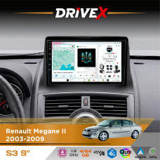Штатна магнітола для Renault Megane II 2003-2009 DriveX S3 QLED 9" Android 8-ядерний 1.6ГГц 4x64Гб SIM-картка 3G/4G 7388 4x45W ASP TM2313 бездротовий CarPlay та AndroidAuto