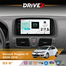 Штатна магнітола для Renault Fluence 2009-2017 DriveX S3 QLED 8" з фізичними кнопками Android 8-ядерний 1.6ГГц 4x64Гб SIM-картка 3G/4G 7388 45W ASP TM2313 бездротовий CarPlay та AndroidAuto