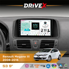 Штатна магнітола для Renault Megane III 2008-2016 DriveX S3 QLED 9" Android 8-ядерний 1.6ГГц 4x64Гб SIM-картка 3G/4G 7388 4x45W ASP TM2313 бездротовий CarPlay та AndroidAuto