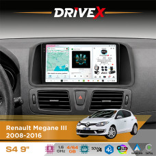 Штатна магнітола для Renault Megane III 2008-2016 DriveX S4 QLED 9" Android 8-ядерний 1.6ГГц 4x64Гб SIM-картка 3G/4G TDA7851 4x50W DSP AK7604 бездротовий CarPlay та AndroidAuto