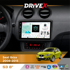Штатна магнітола для Seat Ibiza 2008-2015 DriveX S3 QLED 8" з фізичними кнопками Android 8-ядерний 1.6ГГц 4x64Гб SIM-картка 3G/4G 7388 45W ASP TM2313 бездротовий CarPlay та AndroidAuto