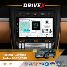 Штатна магнітола для Porsche Cayenne Turbo 2002-2010 DriveX S3 QLED 8" з фізичними кнопками Android 8-ядерний 1.6ГГц 4x64Гб SIM-картка 3G/4G 7388 45W ASP TM2313 бездротовий CarPlay та AndroidAuto