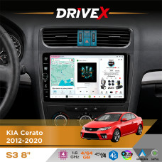 Штатна магнітола для KIA K3 2012-2017 DriveX S3 QLED 8" з фізичними кнопками Android 8-ядерний 1.6ГГц 4x64Гб SIM-картка 3G/4G 7388 45W ASP TM2313 бездротовий CarPlay та AndroidAuto