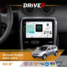 Штатна магнітола для Renault Duster 2010-2015 DriveX S3 QLED 8" з фізичними кнопками Android 8-ядерний 1.6ГГц 4x64Гб SIM-картка 3G/4G 7388 45W ASP TM2313 бездротовий CarPlay та AndroidAuto