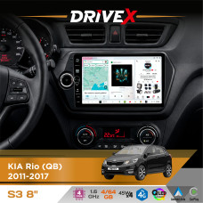 Штатна магнітола для KIA Rio (QB) 2011-2017 DriveX S3 QLED 8" з фізичними кнопками Android 8-ядерний 1.6ГГц 4x64Гб SIM-картка 3G/4G 7388 45W ASP TM2313 бездротовий CarPlay та AndroidAuto