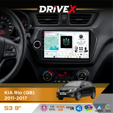 Штатна магнітола для KIA Rio (QB) 2011-2017 DriveX S3 QLED 9" Android 8-ядерний 1.6ГГц 4x64Гб SIM-картка 3G/4G 7388 4x45W ASP TM2313 бездротовий CarPlay та AndroidAuto