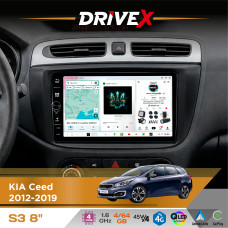 Штатна магнітола для KIA Ceed 2012-2019 DriveX S3 QLED 8" з фізичними кнопками Android 8-ядерний 1.6ГГц 4x64Гб SIM-картка 3G/4G 7388 45W ASP TM2313 бездротовий CarPlay та AndroidAuto