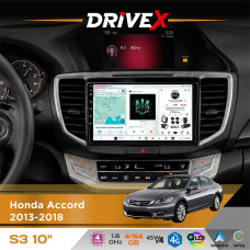 Штатна магнітола для Honda Accord 2013-2018 DriveX S3 QLED 10" Android 8-ядерний 1.6ГГц 4x64Гб SIM-картка 3G/4G 7388 4x45W ASP TM2313 бездротовий CarPlay та AndroidAuto