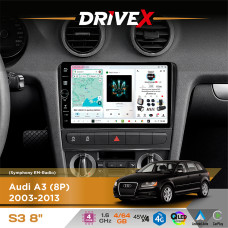 Штатна магнітола для Audi RS3 (8P) 2003-2013 DriveX S3 QLED 8" з фізичними кнопками Android 8-ядерний 1.6ГГц 4x64Гб SIM-картка 3G/4G 7388 45W ASP TM2313 бездротовий CarPlay та AndroidAuto