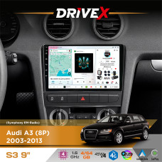 Штатна магнітола для Audi S3 (8P) 2003-2013 DriveX S3 QLED 9" Android 8-ядерний 1.6ГГц 4x64Гб SIM-картка 3G/4G 7388 4x45W ASP TM2313 бездротовий CarPlay та AndroidAuto