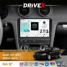 Штатна магнітола для Audi A3 (8P) 2008-2013 DriveX S4 QLED 9" Android 8-ядерний 1.6ГГц 4x64Гб SIM-картка 3G/4G TDA7851 4x50W DSP AK7604 бездротовий CarPlay та AndroidAuto