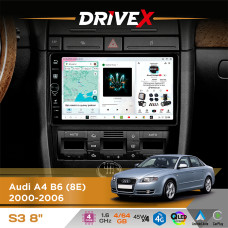 Штатна магнітола для Audi S4 B7 (8E) 2004-2009 DriveX S3 QLED 8" з фізичними кнопками Android 8-ядерний 1.6ГГц 4x64Гб SIM-картка 3G/4G 7388 45W ASP TM2313 бездротовий CarPlay та AndroidAuto