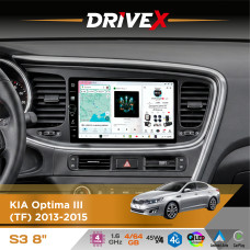 Штатна магнітола для KIA K5 2013-2015 DriveX S3 QLED 8" з фізичними кнопками Android 8-ядерний 1.6ГГц 4x64Гб SIM-картка 3G/4G 7388 45W ASP TM2313 бездротовий CarPlay та AndroidAuto