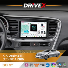 Штатна магнітола для KIA Optima III (TF) 2013-2015 DriveX S3 QLED 9" Android 8-ядерний 1.6ГГц 4x64Гб SIM-картка 3G/4G 7388 4x45W ASP TM2313 бездротовий CarPlay та AndroidAuto