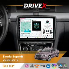 Штатна магнітола для Skoda SuperB 2008-2015 DriveX S3 QLED 10" Android 8-ядерний 1.6ГГц 4x64Гб SIM-картка 3G/4G 7388 4x45W ASP TM2313 бездротовий CarPlay та AndroidAuto