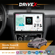 Штатна магнітола для Skoda SuperB 2008-2015 DriveX S7+ 2K QLED 10" Android 8-ядерний 2.7ГГц 8x128Гб SIM-картка 3G/4G AK7808 AB 4x50W 360° DSP AK7739 VELVET бездротовий CarPlay та AndroidAuto