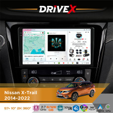 Штатна магнітола для Nissan X-Trail 2014-2022 DriveX S7+ 2K QLED 10" Android 8-ядерний 2.7ГГц 8x128Гб SIM-картка 3G/4G AK7808 AB 4x50W 360° DSP AK7739 VELVET бездротовий CarPlay та AndroidAuto