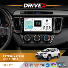 Штатна магнітола для Toyota Corolla 2007-2013 DriveX S3 QLED 8" з фізичними кнопками Android 8-ядерний 1.6ГГц 4x64Гб SIM-картка 3G/4G 7388 45W ASP TM2313 бездротовий CarPlay та AndroidAuto