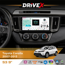 Штатна магнітола для Toyota Corolla 2007-2013 DriveX S3 QLED 9" Android 8-ядерний 1.6ГГц 4x64Гб SIM-картка 3G/4G 7388 4x45W ASP TM2313 бездротовий CarPlay та AndroidAuto
