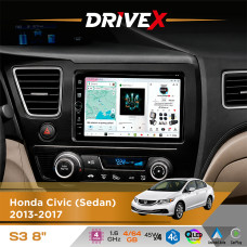 Штатна магнітола для Honda Civic (Sedan) 2013-2017 DriveX S3 QLED 8" з фізичними кнопками Android 8-ядерний 1.6ГГц 4x64Гб SIM-картка 3G/4G 7388 45W ASP TM2313 бездротовий CarPlay та AndroidAuto